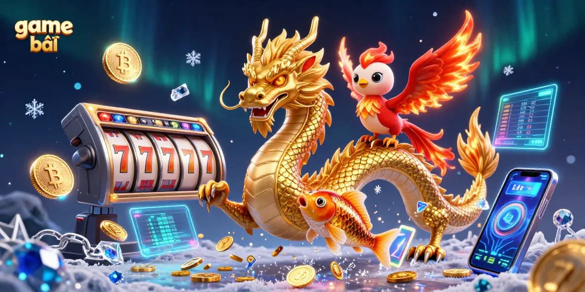Experience game bài excitement with a dragon, phoenix, and treasures in a vibrant casino scene.