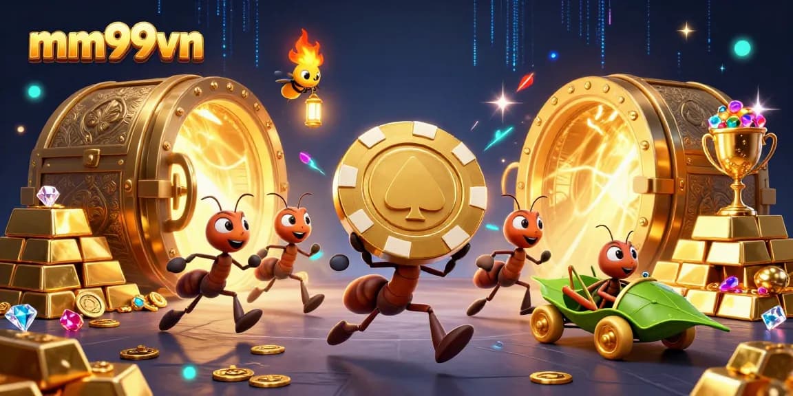 Experience thrilling wins on mm99vn with ants carrying a giant poker chip through a treasure-filled tunnel.