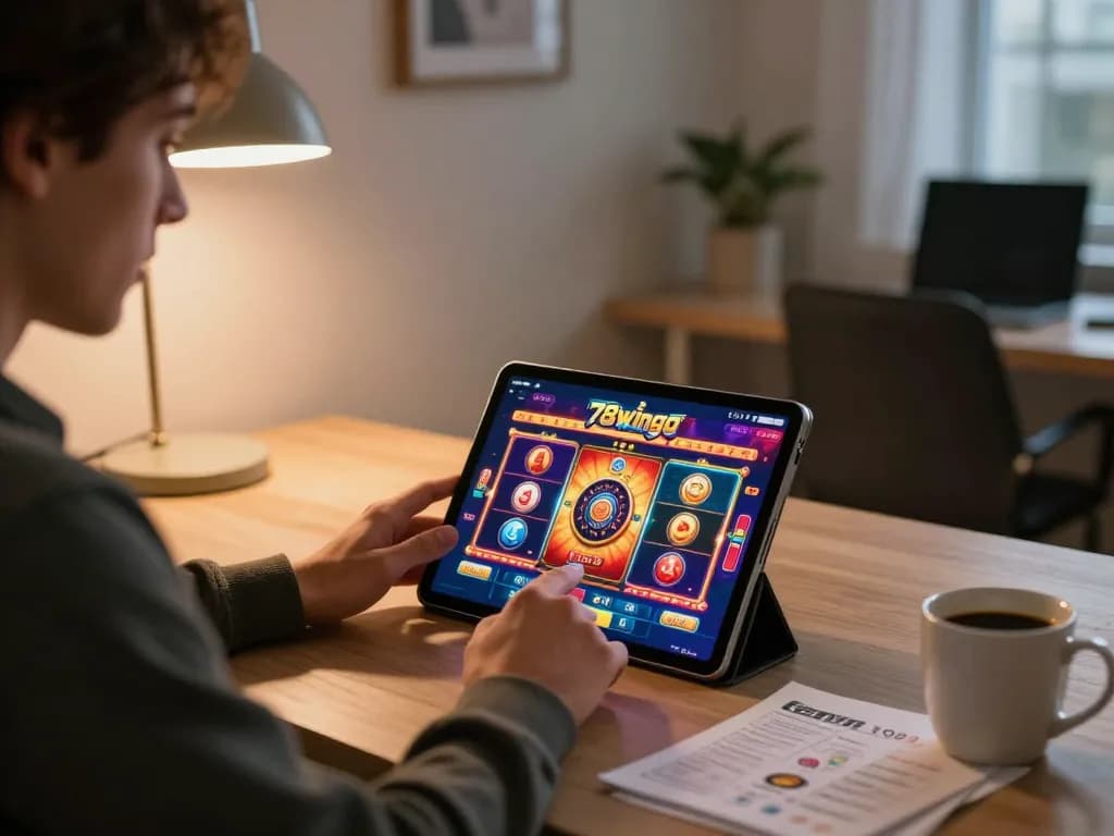 Person engaging with the 78wingo app on a tablet, showcasing exciting online gaming strategy.