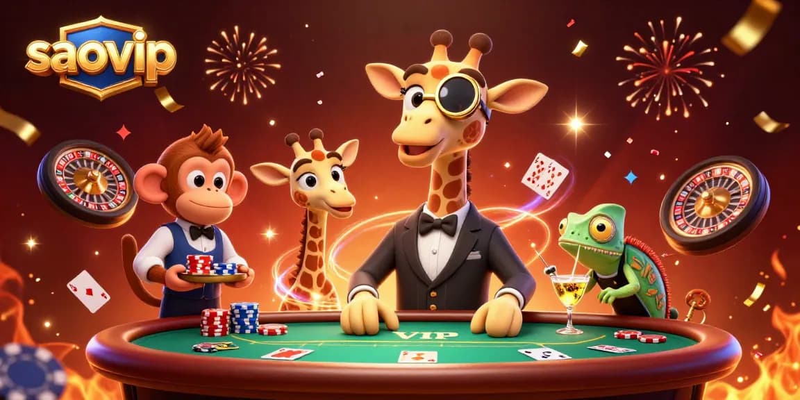 Experience the thrill of saovip with 3D giraffe and monkey characters in a lively casino setting.