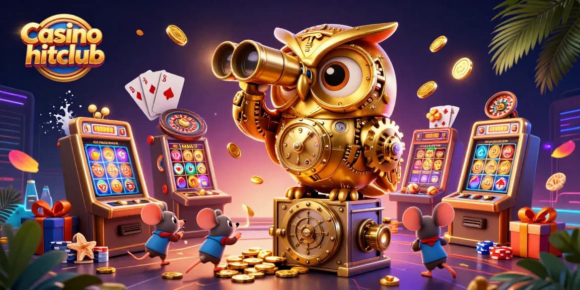 Casino hitclub showcases a dynamic 3D scene with a golden owl, lively patrons, and vibrant gaming elements.