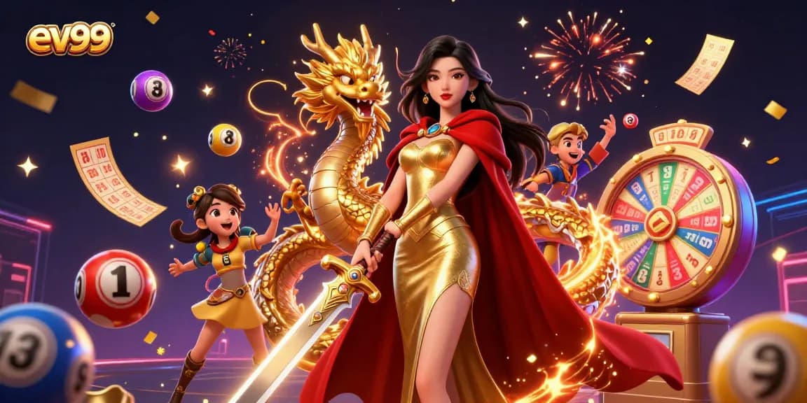 ev99 features a warrior queen and golden dragon in a vibrant casino scene.