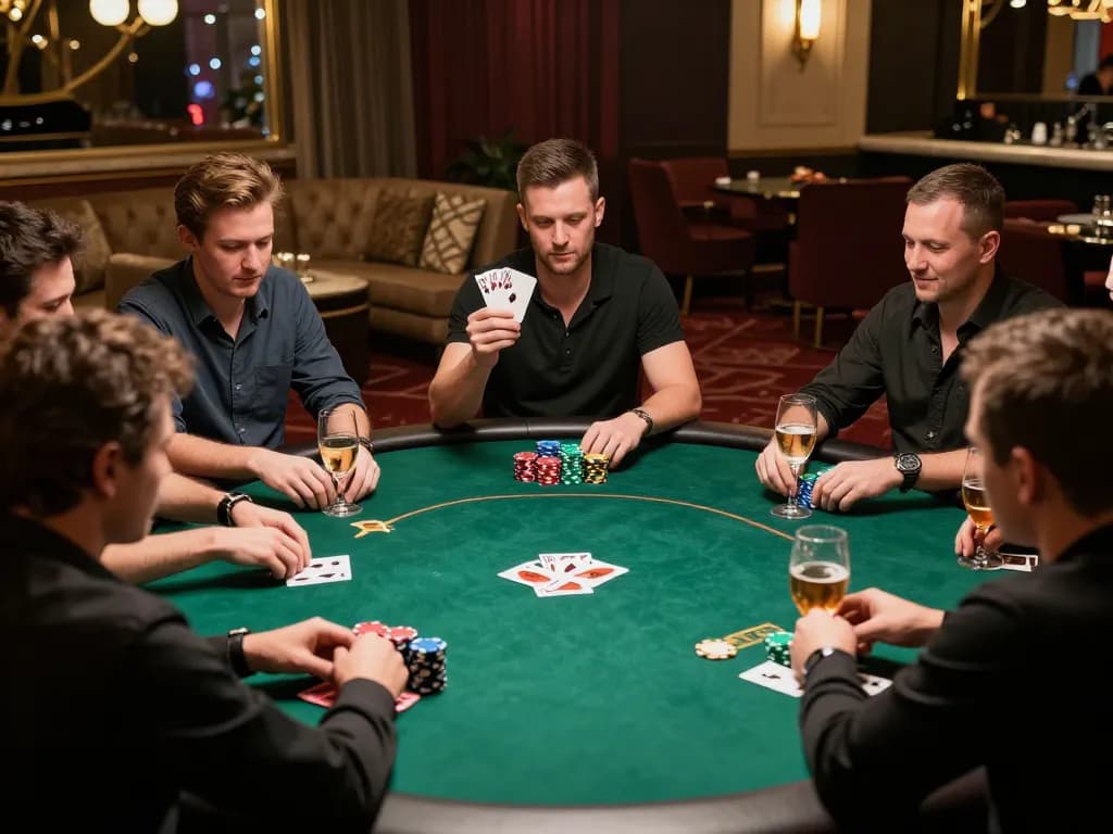 Players celebrating a win during a high-stakes poker game, showcasing rokok88 link alternatif with stacks of chips in action