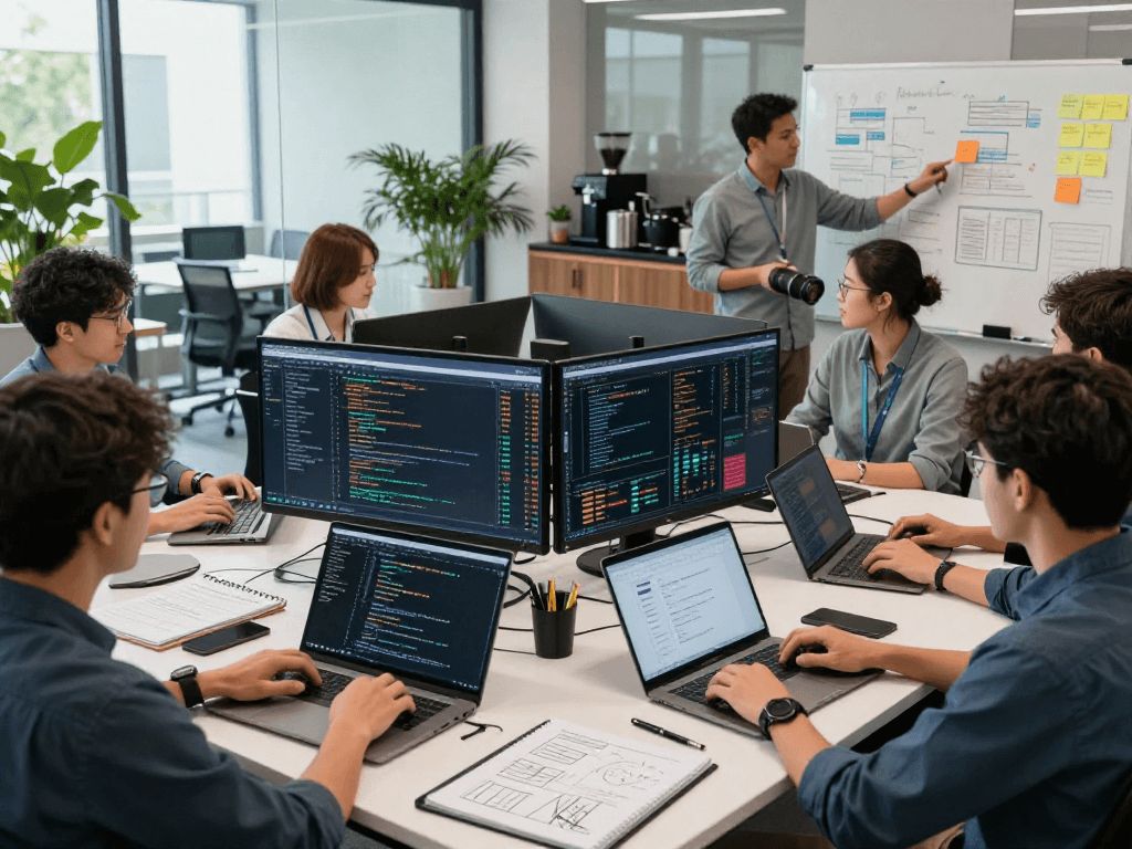 Developers utilizing multi-ticker India stock API in a tech workspace with stock charts and code on screens.