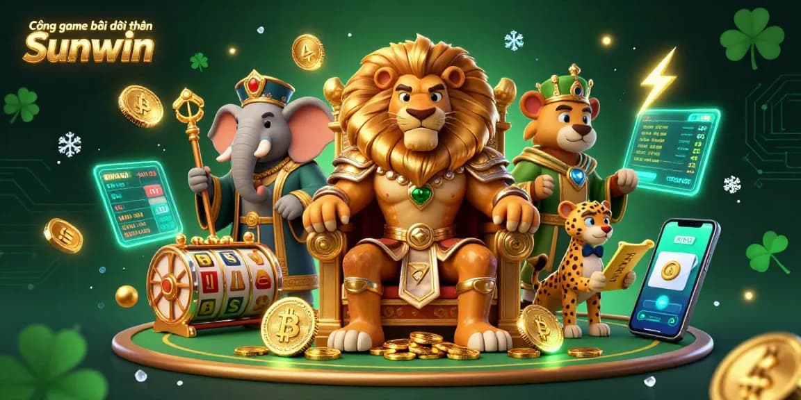 Experience the vibrant world of Cổng game bài đổi thưởng Sunwin, featuring a majestic lion king, elephant advisor, and cheetah messenger amidst dynamic gambling elements.