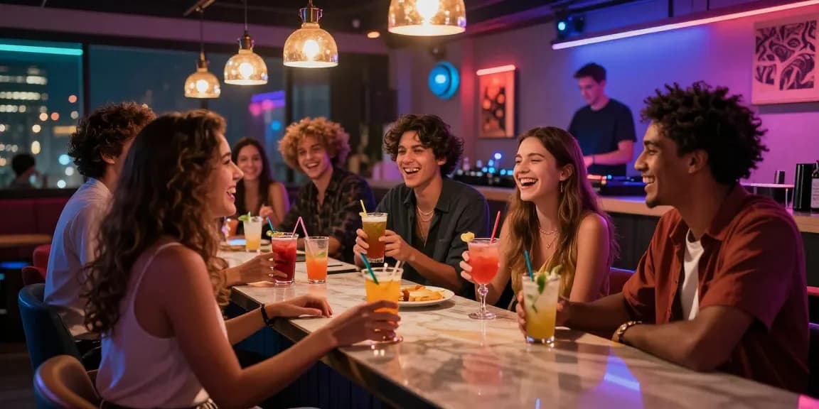 Friends enjoying vibrant nightlife with Club21id fake IDs at a trendy bar.