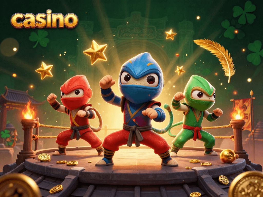 Engaging casino scene with ninja chameleons performing martial arts amidst gold coins and vibrant elements.