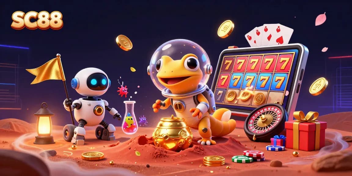 Engage with SC88's vibrant 3D casino scene featuring a Martian gecko among games and coins.