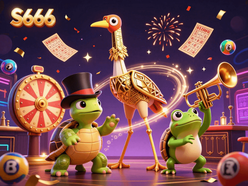 Experience vibrant lottery excitement with S666's colorful bingo and lottery elements in a lively casino illustration.