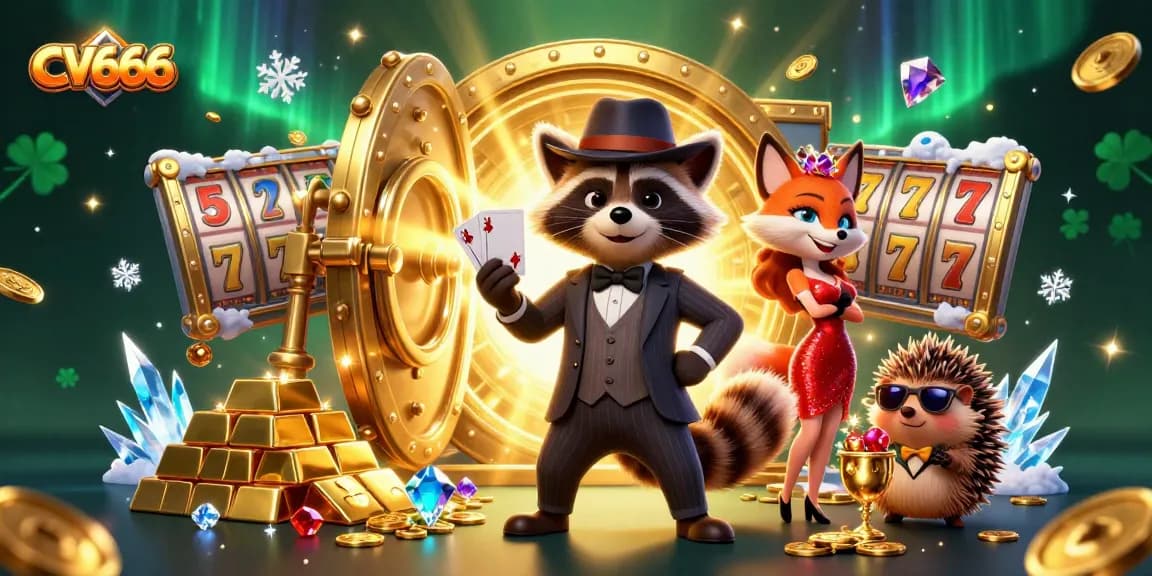 Experience high-stakes gaming at CV666 with a charming raccoon, fox, and hedgehog, surrounded by rich casino elements.