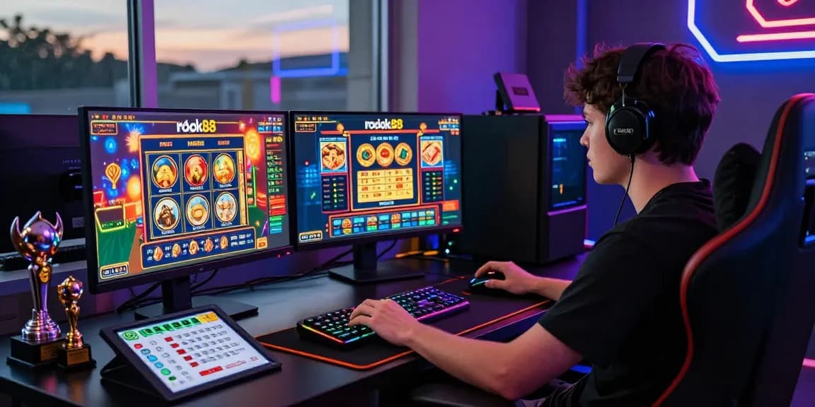 Engaged player using rokok88 slot login at modern gaming station with vibrant visuals.