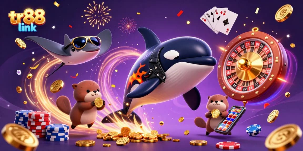 Experience the excitement of tr88 link with vibrant casino characters, golden coins, and a spinning roulette wheel.