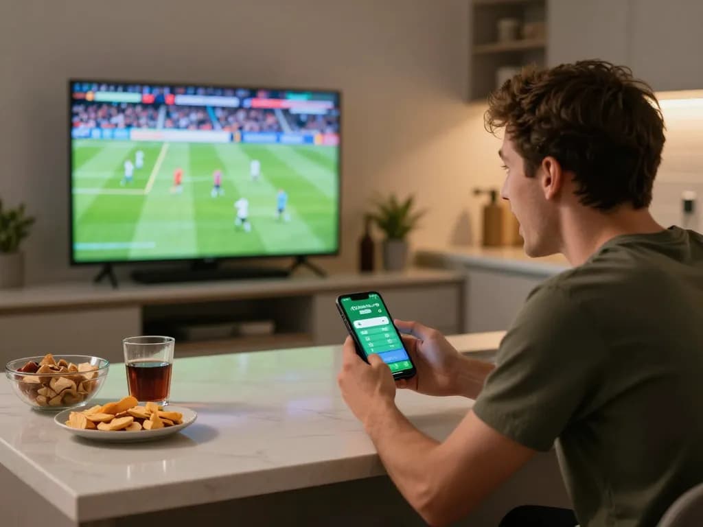 Engaged gambler accessing 88clbgo mobile app for sports betting while watching live matches