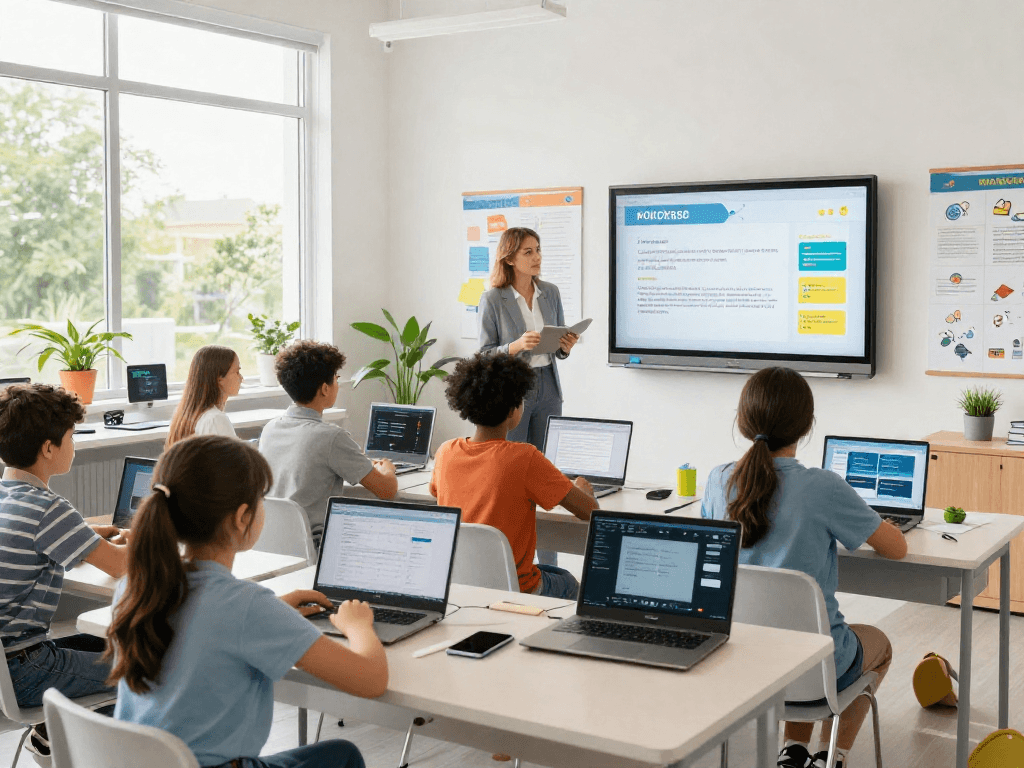 Modern classroom scene showing students engaged with digital curriculum from https://rokok88.live, fostering effective learning.
