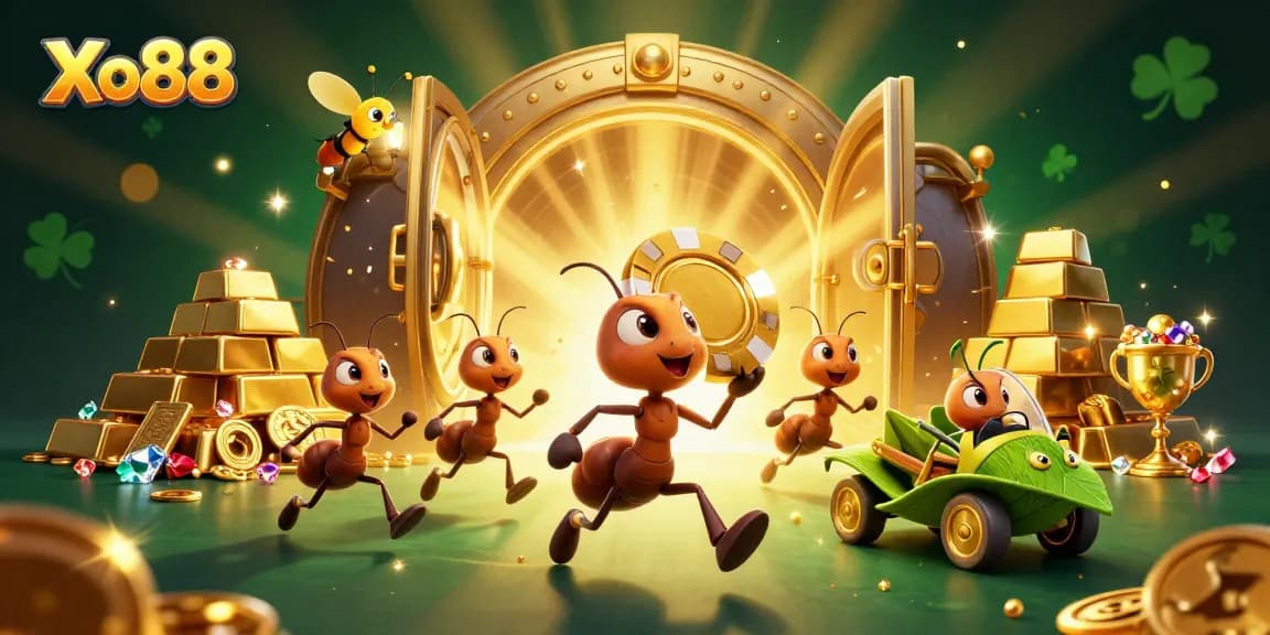 Xo88 features a dynamic cartoon scene with ants heisting a giant poker chip amidst treasure