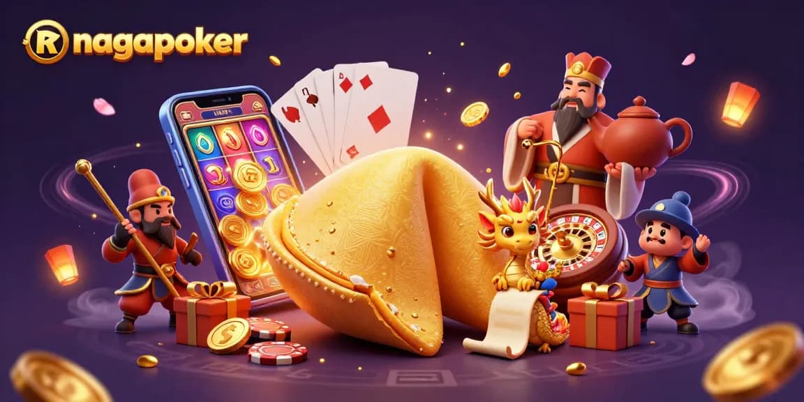 Experience thrilling gameplay with nagapoker as golden coins and slot reels surround a wise dragon.