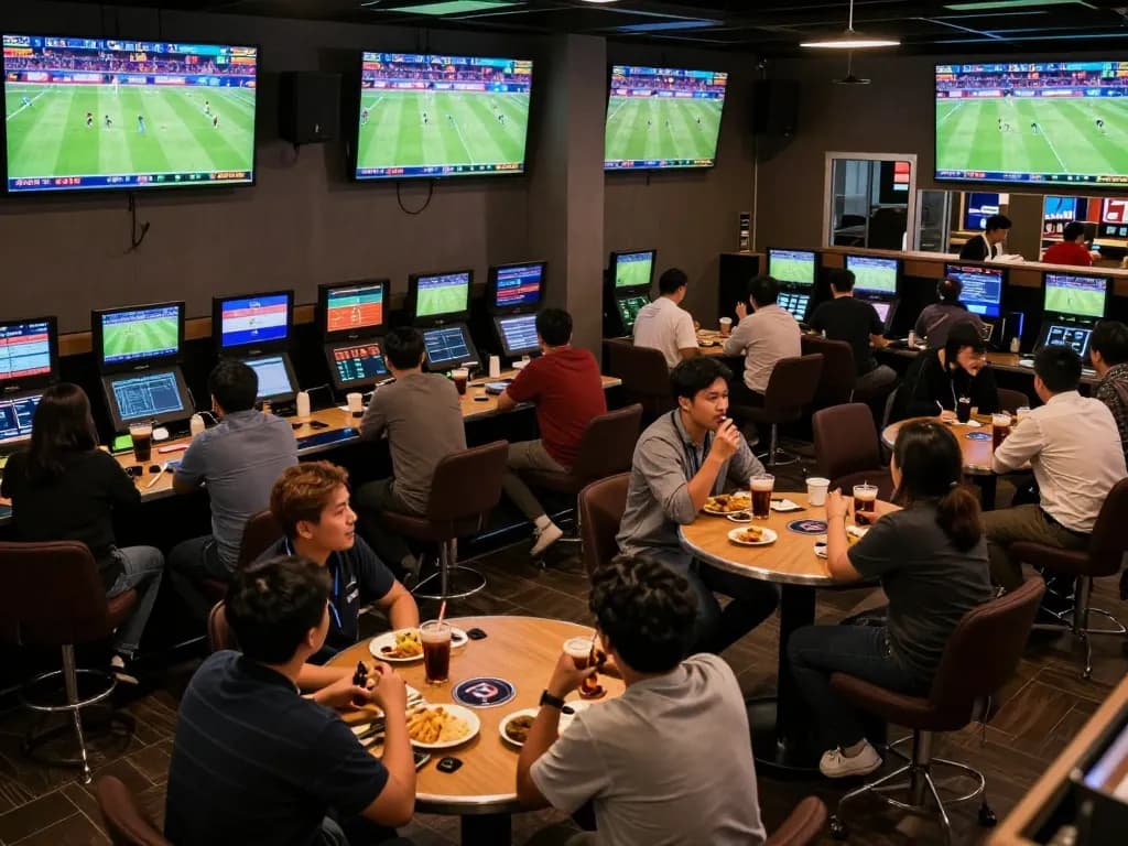 Fans engaging in sports betting at keonhacaii88, vibrant lounge atmosphere with live match updates.