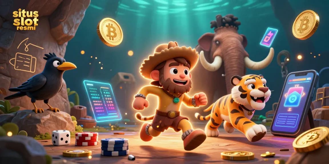 Experience situs slot resmi with a colorful 3D scene of ancient casino characters engaged in gameplay.