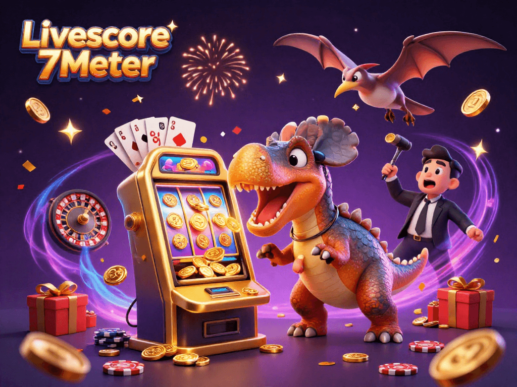 Win big with Livescore 7Meter as a cartoon pachycephalosaurus celebrates jackpot coins erupting from a slot machine.