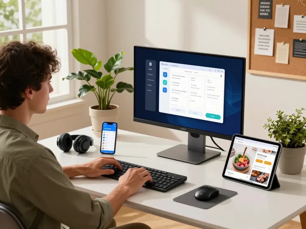 Innovative tech gadgets in a modern home office setup featuring smart devices, Bluetooth headphones, and a cooking app.