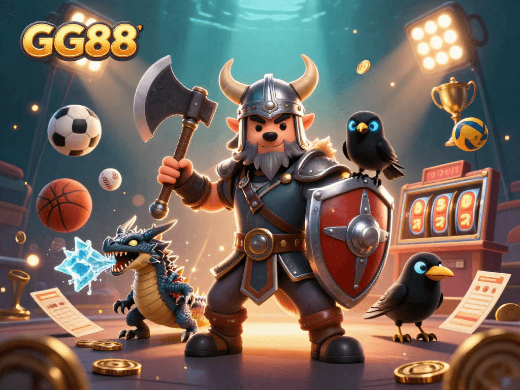 Engage with GG88's thrilling gaming scene featuring a Viking warrior, dragon, and vibrant sports elements.