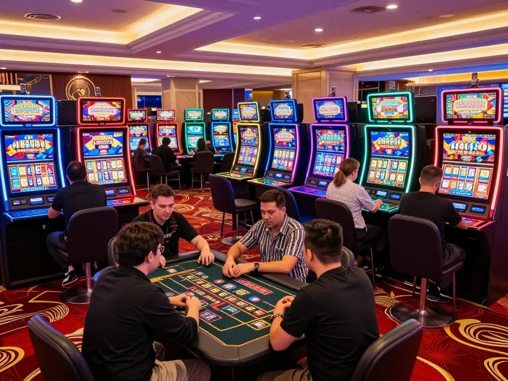 Players spinning the reels at MM88's vibrant casino, immersed in exciting gameplay.