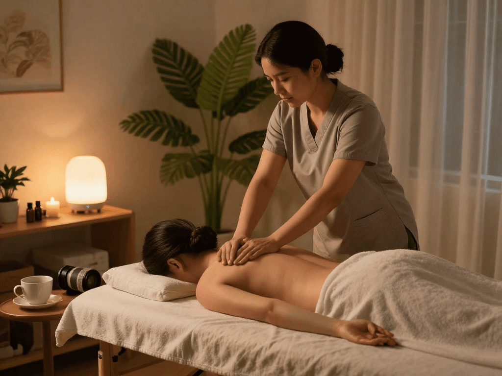 파주출장마사지 in a calming home environment, therapist providing a relaxing massage.