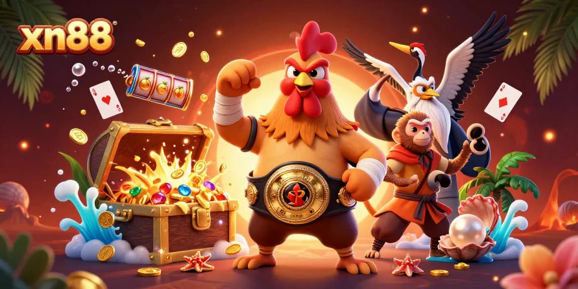 Experience the excitement of xn88 with a vibrant 3D casino scene featuring dynamic characters and game elements.