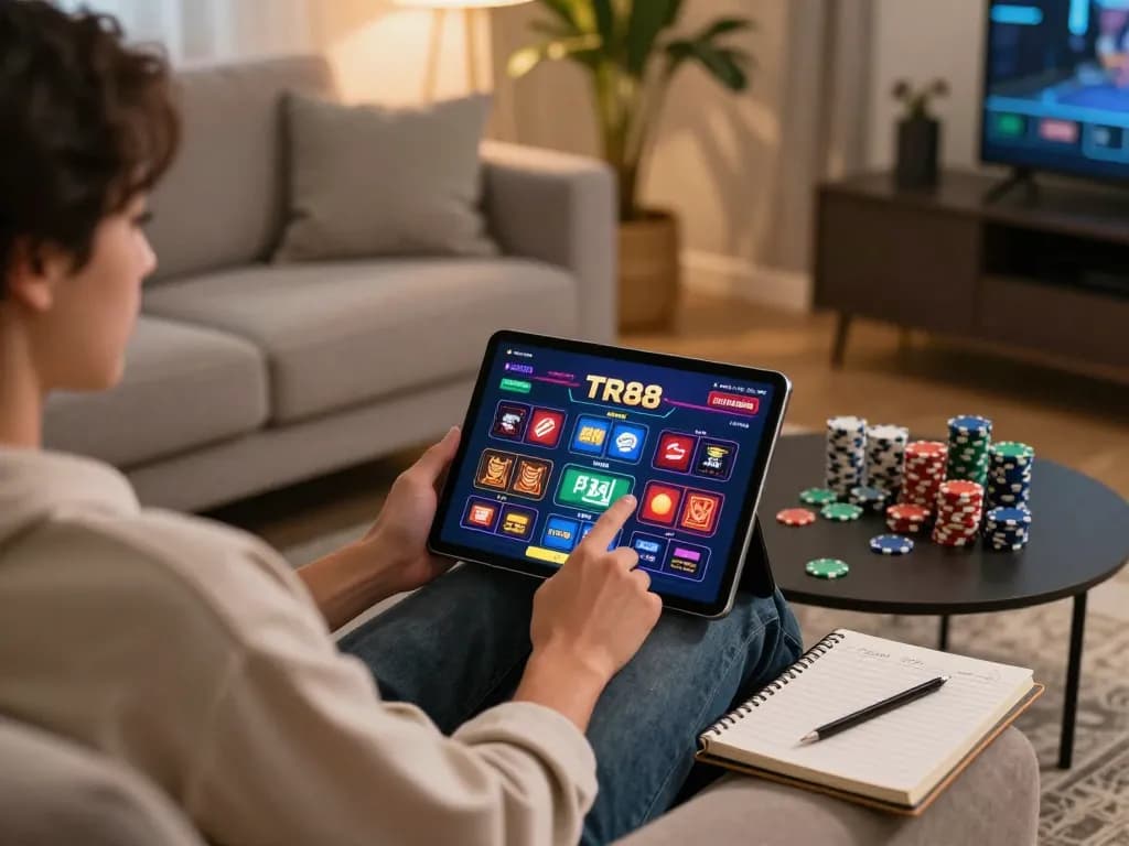 Engaging with TR88's online casino from home, enjoying a strategic gaming session.