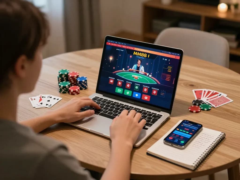 Person engaging in MM88 online casino gaming at home, showcasing a laptop with live dealer game.