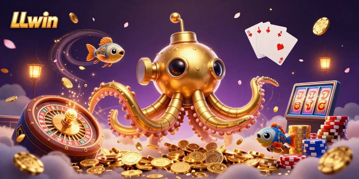Experience LLwin's exciting gaming universe with a golden kraken amidst a sea of coins.