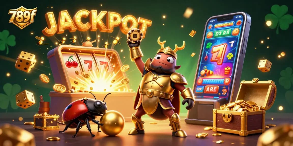 Join the excitement and victory at 789f with a herculean beetle celebrating a casino jackpot.