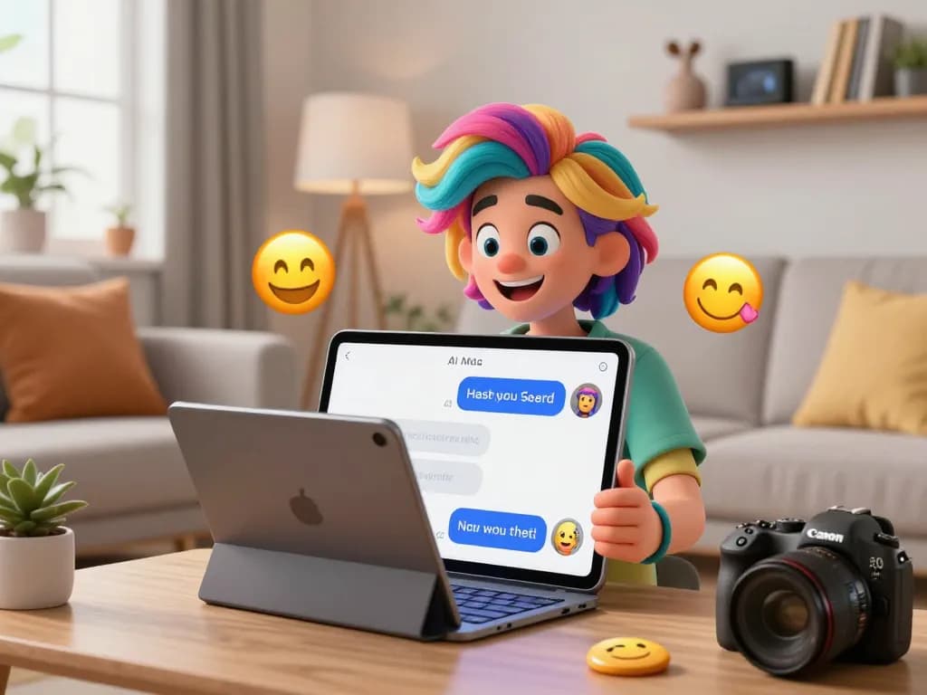 Engaging AI porn chat scene with playful character in a vibrant virtual living room