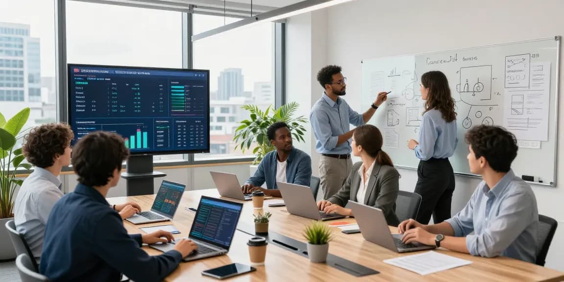 Office meeting showcasing outsourced IT services London with diverse team using technology and data analytics in a bright setting.
