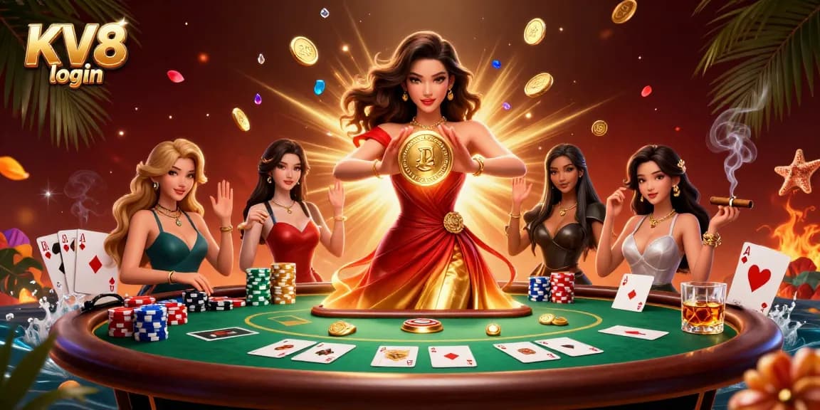 Experience the thrill of KV8 login with a stunning illustration featuring a glamorous Asian woman holding a golden coin.