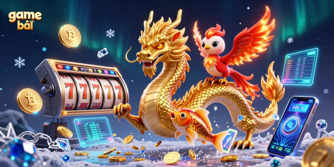 Experience game bài excitement with a dragon, phoenix, and treasures in a vibrant casino scene.