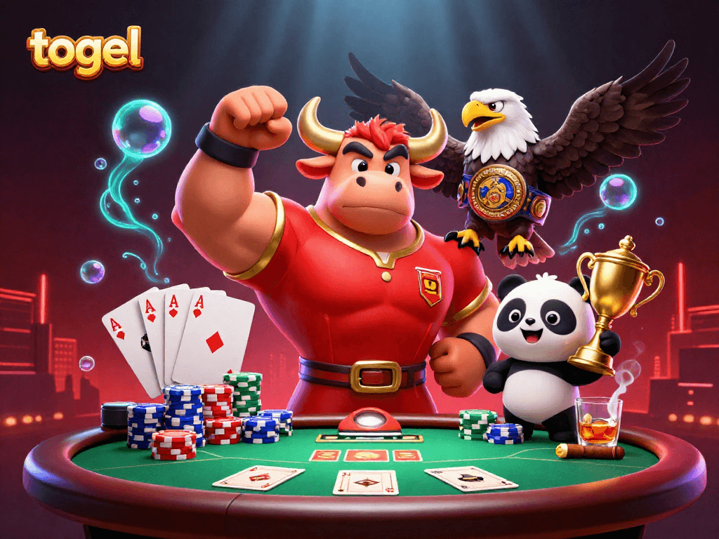Engage in thrilling togel action with a powerful bull, eagle, and panda celebrating victories at a vibrant poker table.