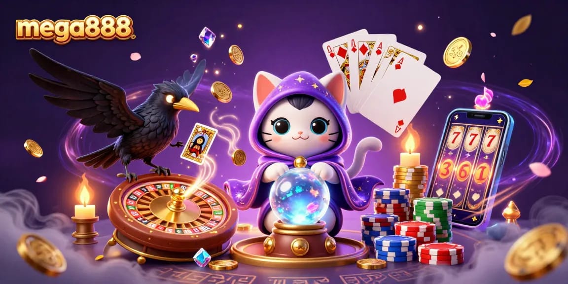 Engage with the mega888 slots experience featuring a mystical cat and dynamic casino elements.
