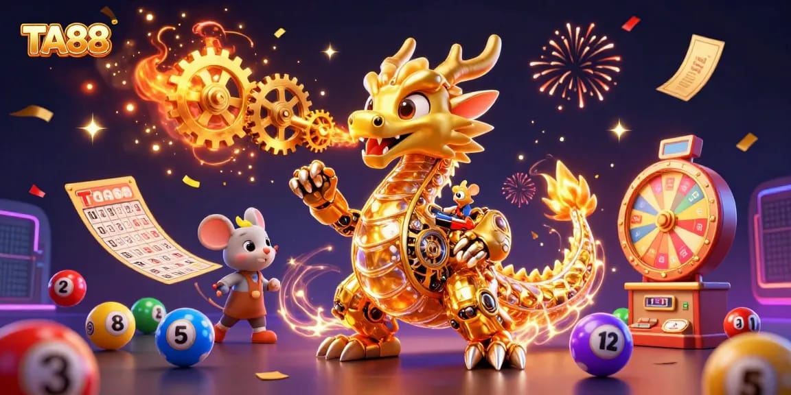TA88 showcases a golden dragon amidst dynamic lottery elements for exciting casino experiences.