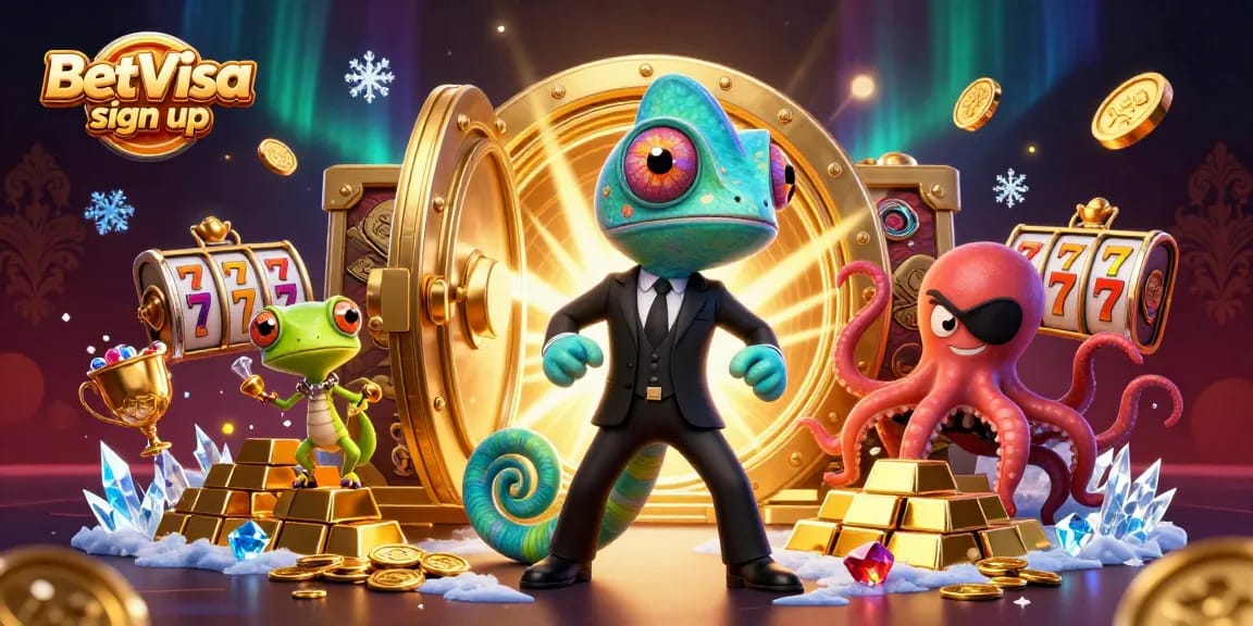 Join BetVisa sign up for a thrilling 3D casino adventure with vibrant slot elements and animated characters.