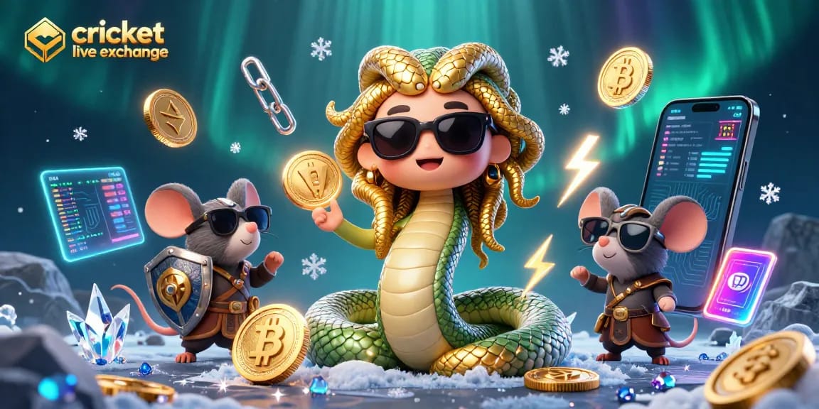Engage with cricket live exchange showcasing dynamic cryptocurrency elements and friendly characters.