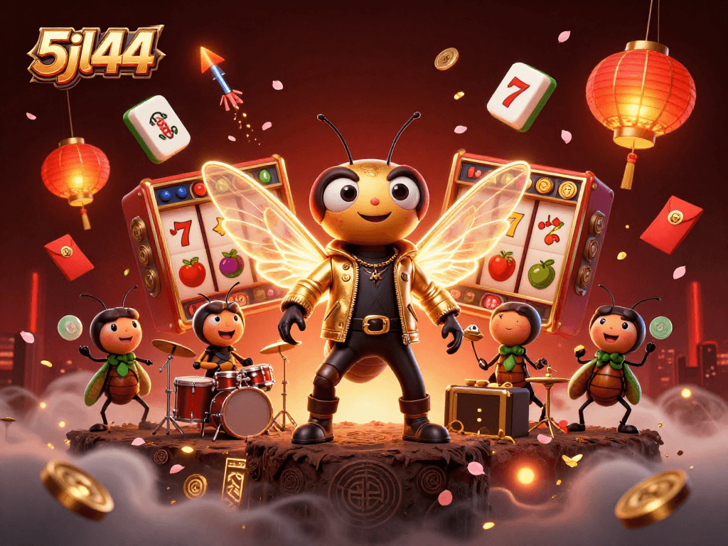 5jl44 features a vibrant 3D casino scene with a cicada rock star and slot reels in action.