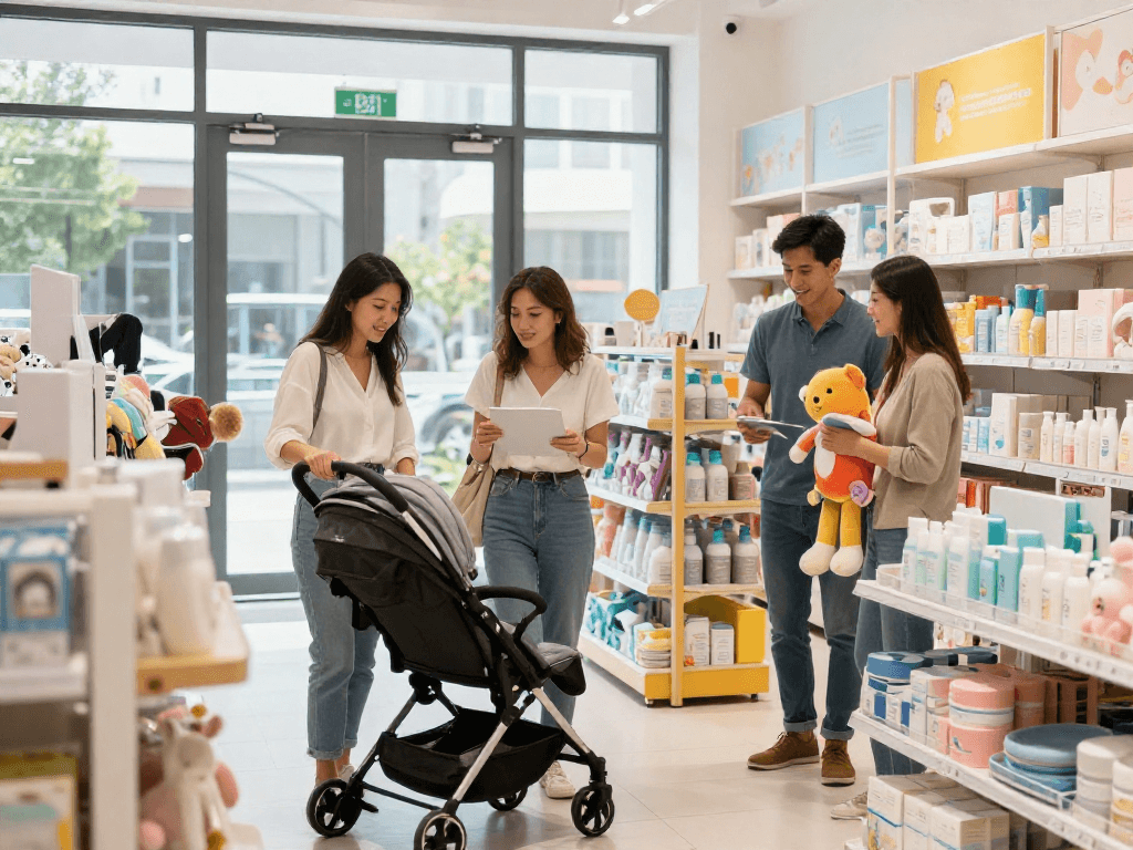 A busy shopping scene at https://rokok88digital.com with customers exploring baby products in a modern store.