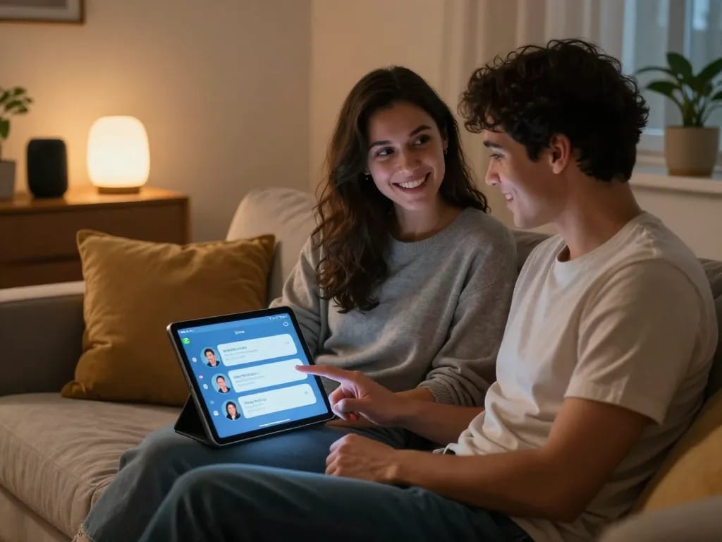 Couple interacting with AI chatbot on tablet to explore ai sex ideas in cozy home environment.