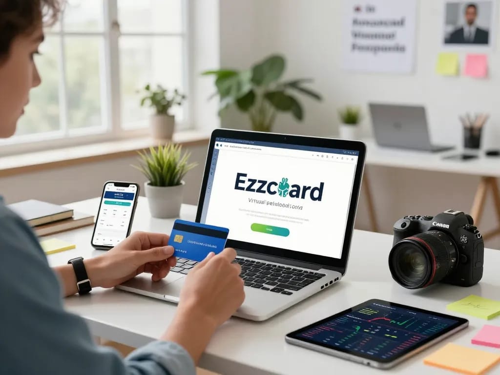 Ezzocard virtual prepaid cards in use at a modern digital finance workspace.