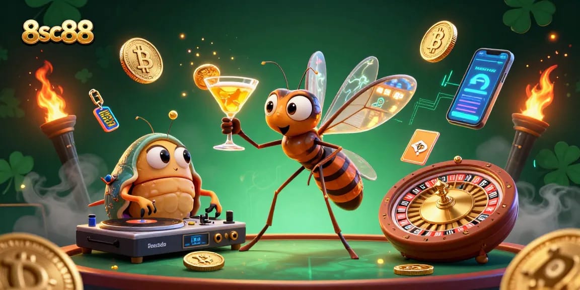 Play games at 8sc88, showcasing a lively casino atmosphere with crypto elements.