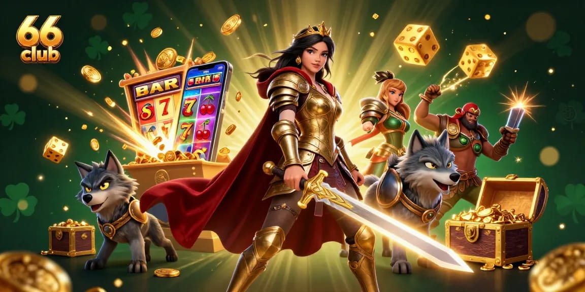 Action-packed scene showcasing the 66 club with a warrior queen and casino elements exploding with excitement.