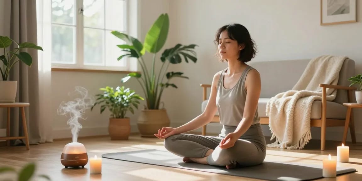 Mindfulness meditation practice at home featuring rokok 88 wellness scene with serene natural light.