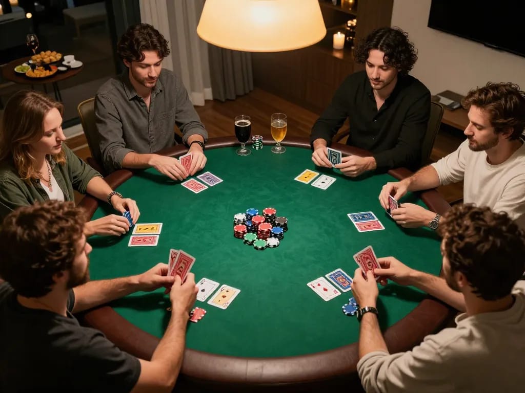 Players enjoying a friendly poker night focusing on maxpoker88 gameplay with vibrant chips and cards