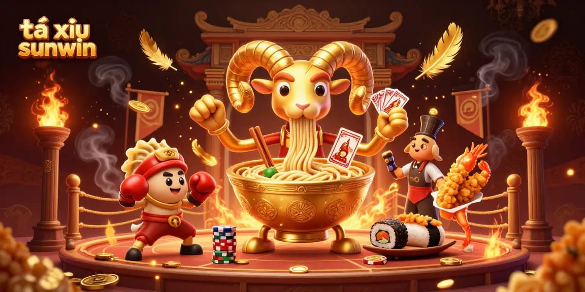 Tài xỉu sunwin game scene featuring a giant ramen bowl dealer and animated characters amidst flashy casino elements.